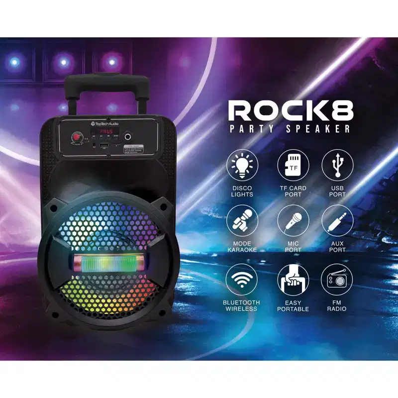 TOPTECH Rock-8, 1500W Portable Bluetooth Speaker with Disco Lights & Microphone