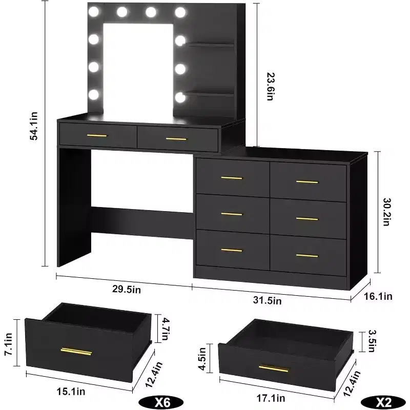 DobleePy 61 Makeup Vanity Desk with LED Mirror Lights, 3 Lighting Modes, 8 Drawers & 2 Shelves, Adjustable Brightness, Sturdy MDF