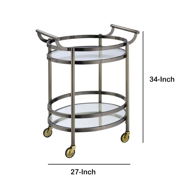 Oval Shaped Metal Serving Cart with 2 Shelves, Silver - 34 H x 19 W x 27 L Inches