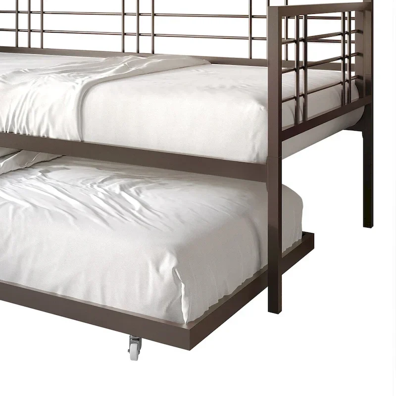 White/Brown/Black Metal Twin Daybed with Roll-Out Trundle, 1-Person
