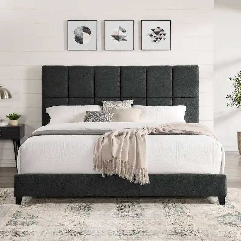Bridgevine Home Tall Granite Dark Grey Square Headboard Upholstered Platform Bed