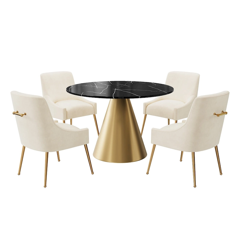 Clihome 5 Piece Black Marble Top Table with Velvet Dining Chair Set