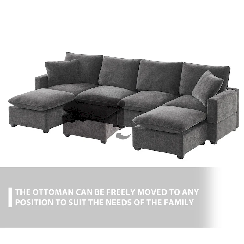 U Shape Modular Sofa, 6 Seat Chenille Deep Seat Sectional Couch