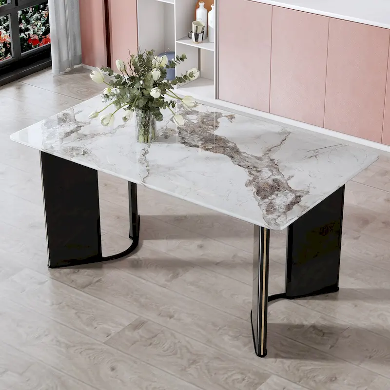 White Marble-Look Glass Top Rectangular Dining Table with Gold Metal Trim – 4 to 6 Person