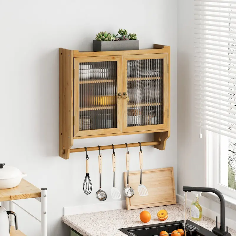 Natural Wood Glass Door Wall Cabinet - Double Door Storage with Towel Rack