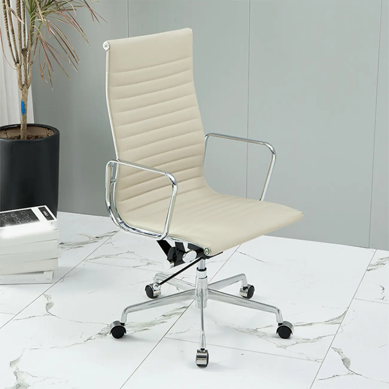 Beige Leather Adjustable High-Back Swivel Office Chair
