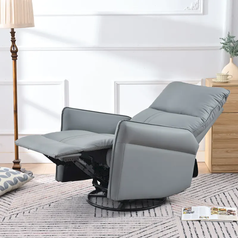 Blue-Gray PU Leather Swivel Glider Rocker Recliner with Pockets, Backrest