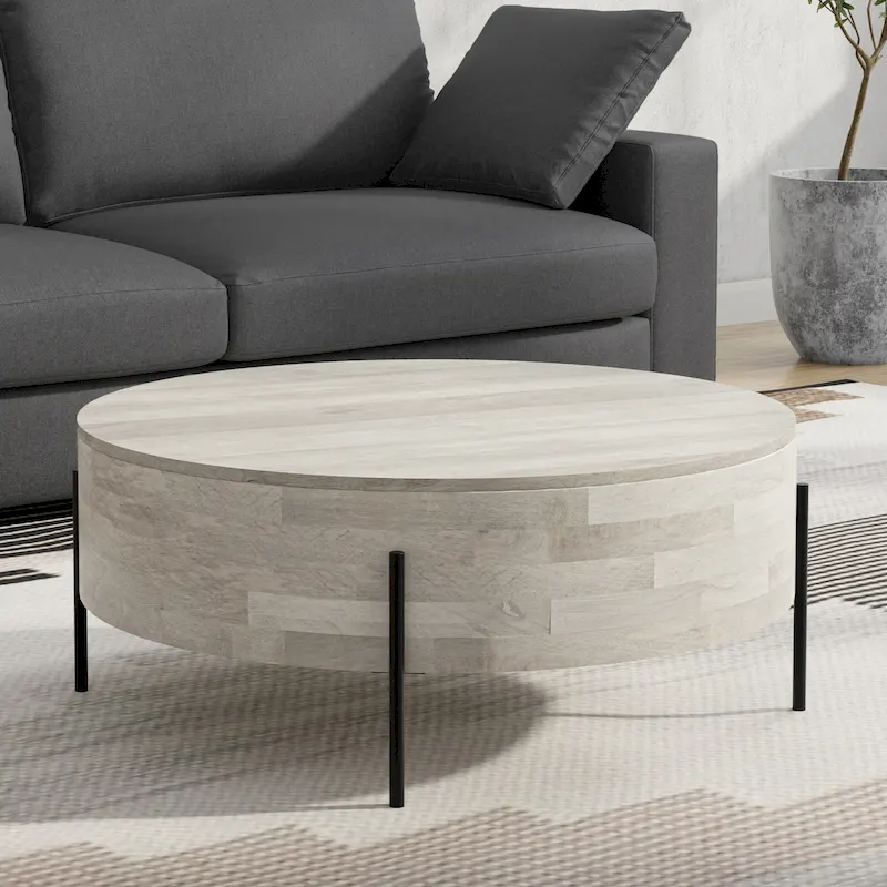 Round Drum Coffee Table – White Wash / Walnut Brown / Natural, Seats 4–6