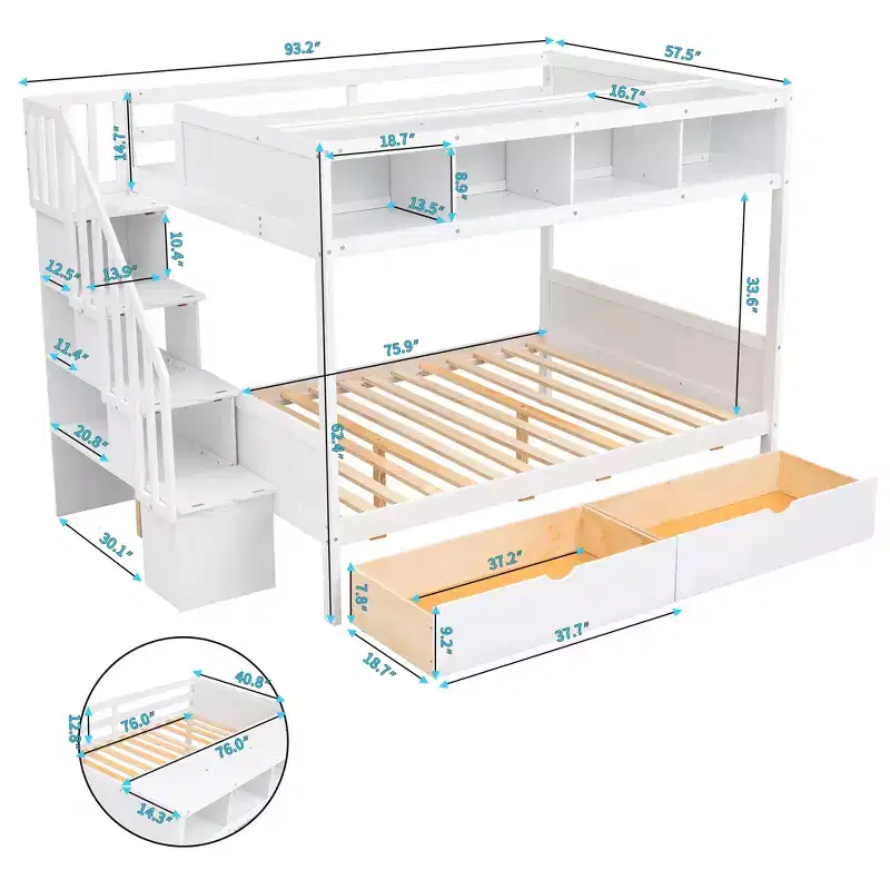 Bellemave Twin over Full Bunk Bed with Shelfs, Storage Staircase and 2 Drawers, White
