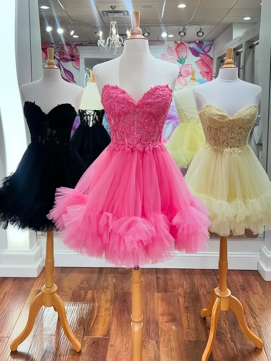 Hot-Pink - A-Line Sweetheart Ruffle Tulle Homecoming Dress With Appliques