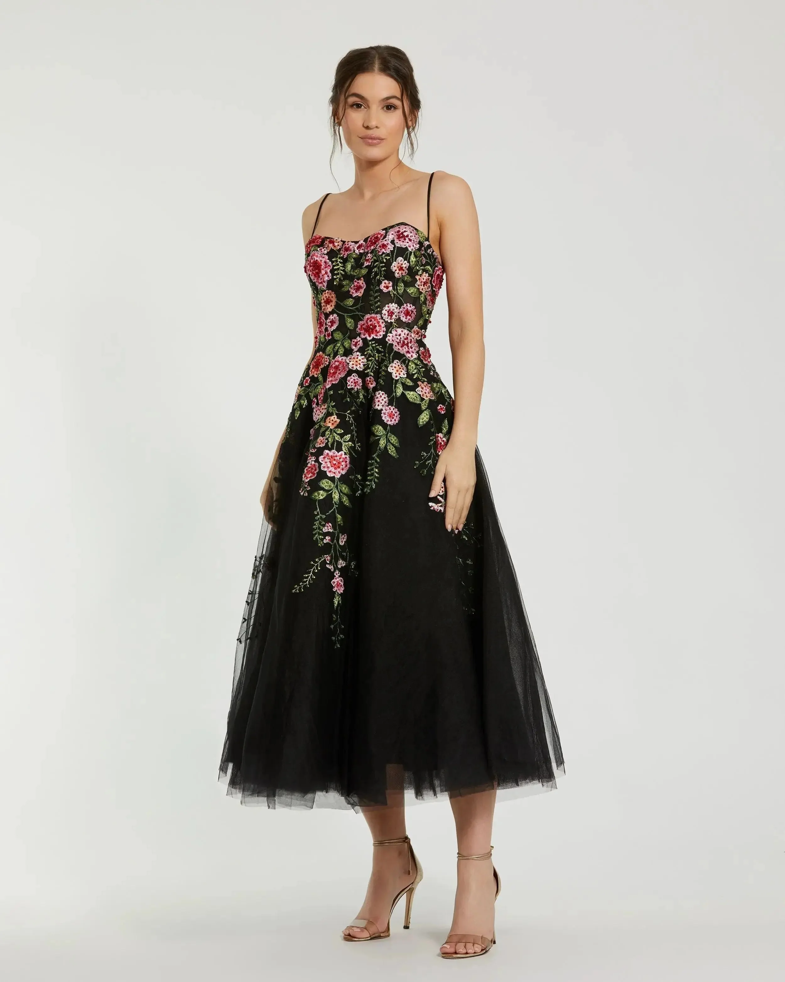 Black Multicolor Bustier Embroidered Floral A-Line Dress