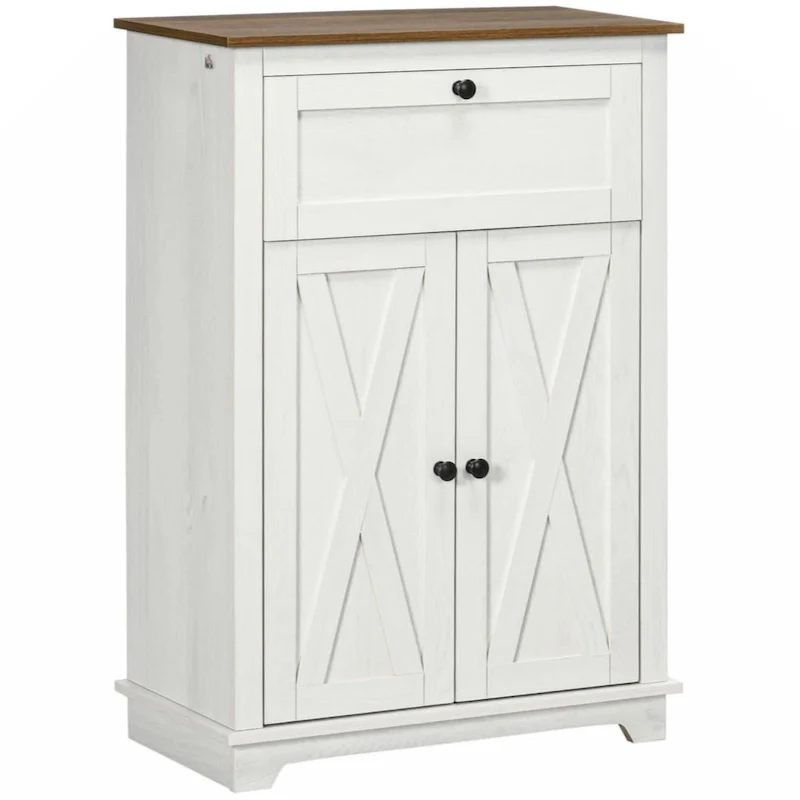 Farmhouse Barn Door Accent Cabinet, Kitchen Sideboard Storage Cabinet with Double Doors, Drawer,White
