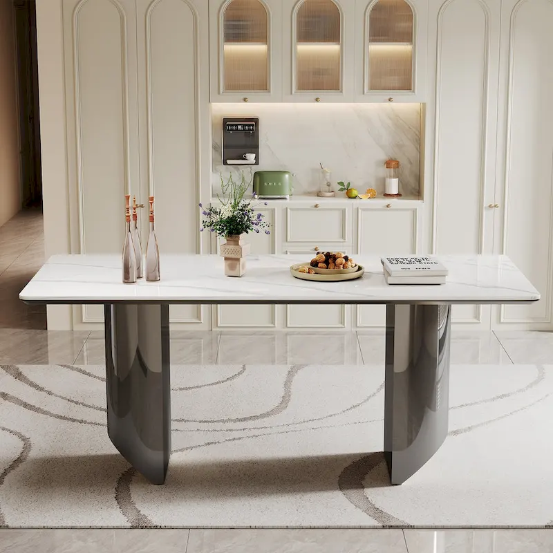 0.47 Thick Sintered Stone Composite Tempered Glass Top Dining Table with Stainless Steel Base