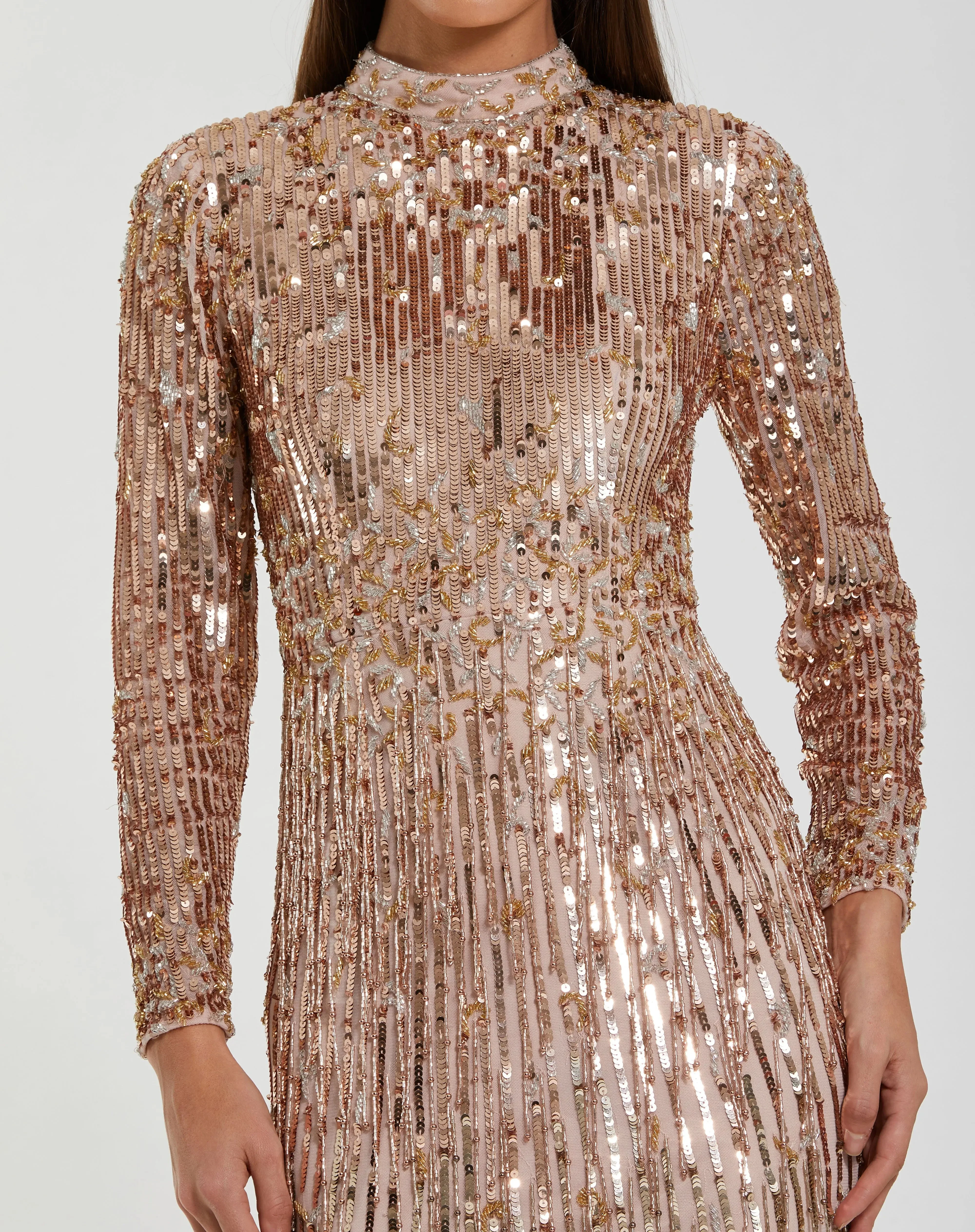 Pink Mock Neck Long Sleeve Fringe Embellished Column Gown