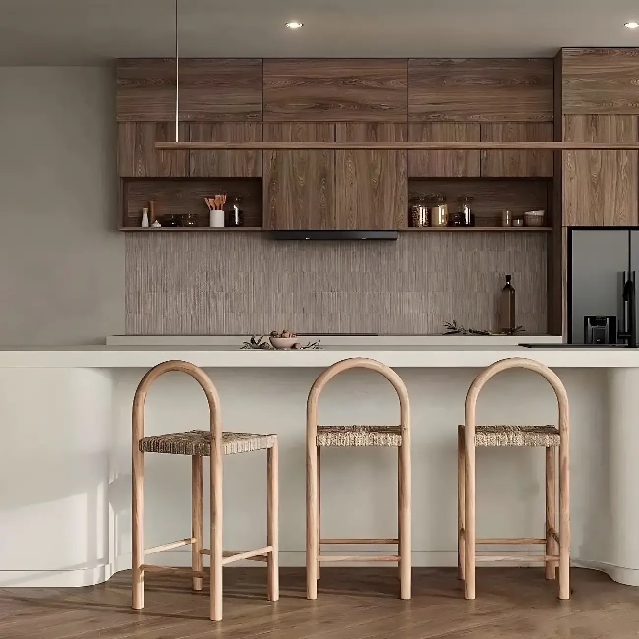 Rustic Wood Natural Rattan Bar Stool with Footrest