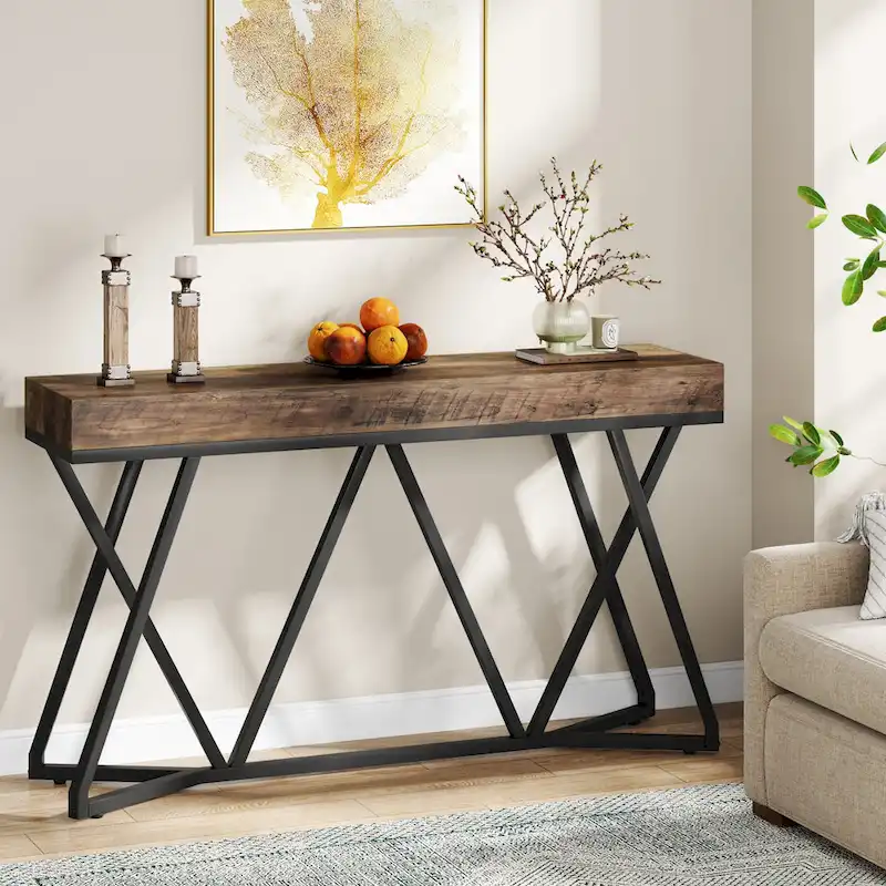 55 Inch Wood Console Table, Sofa Table Entryway Table with Unique Metal Legs