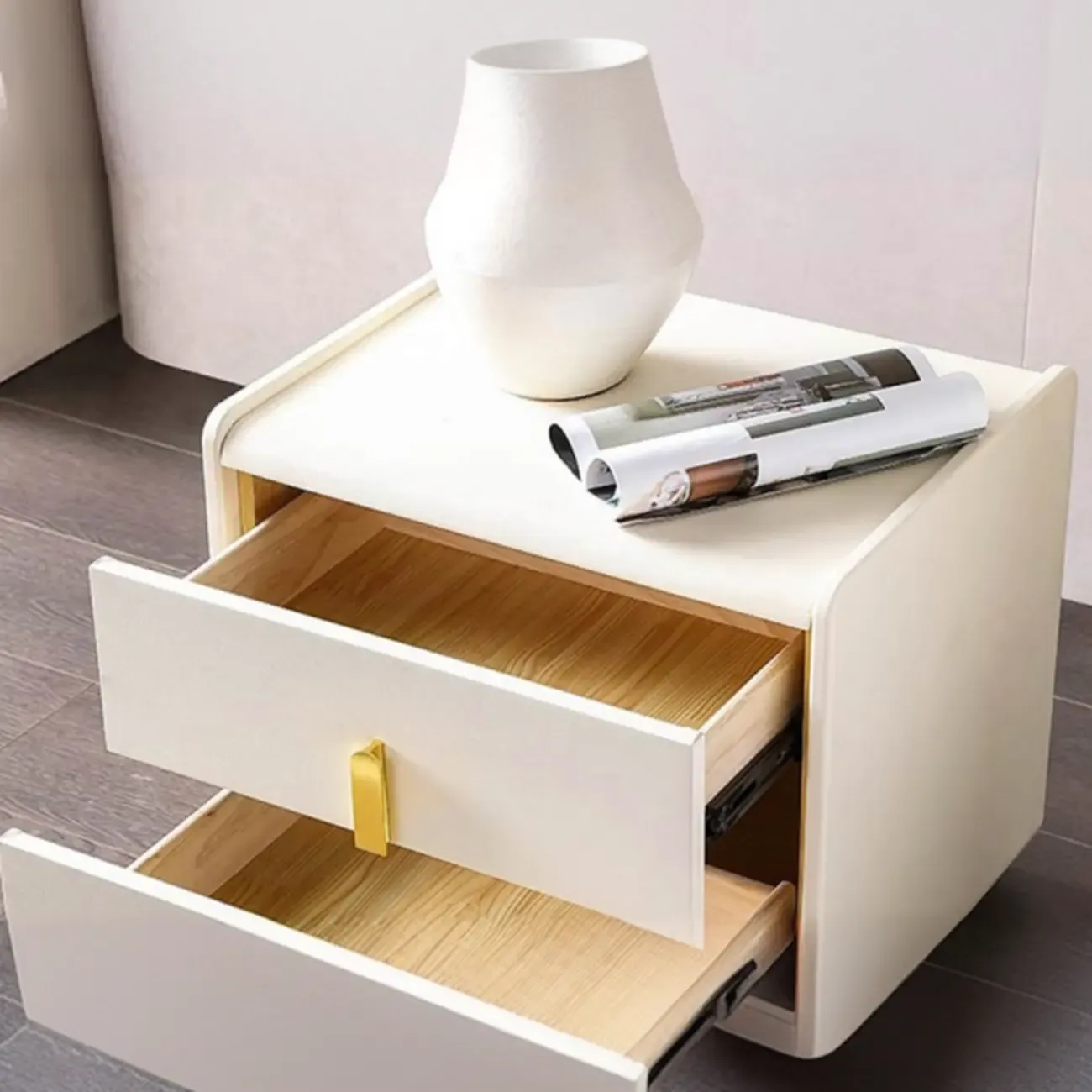 Modern Bedside Table – Faux Leather White Nightstand