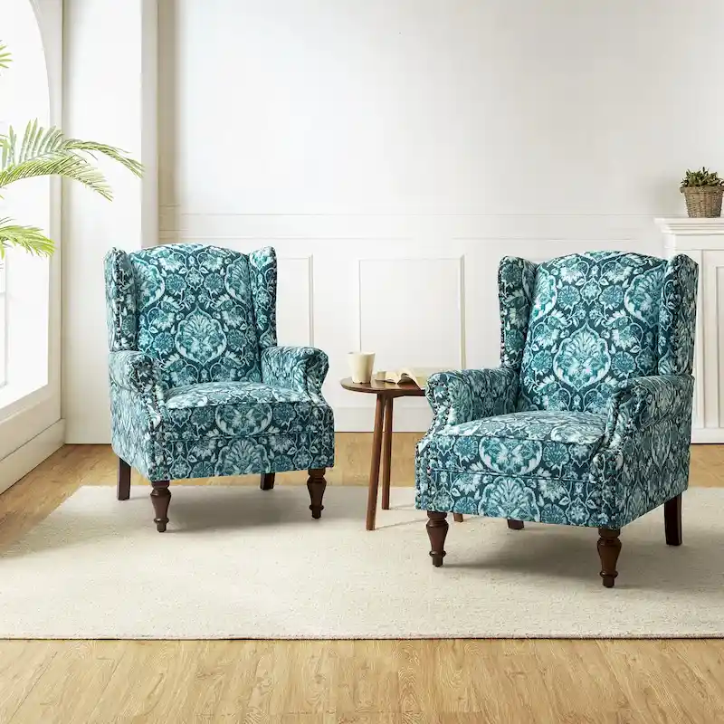 Traditional Wingback Armchair with Solid Wood Legs Set of 2