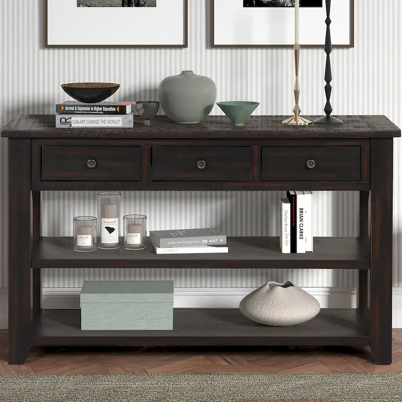 Modern Solid Pine Wood Top Console Table with 3 Drawers and 2 Shelves