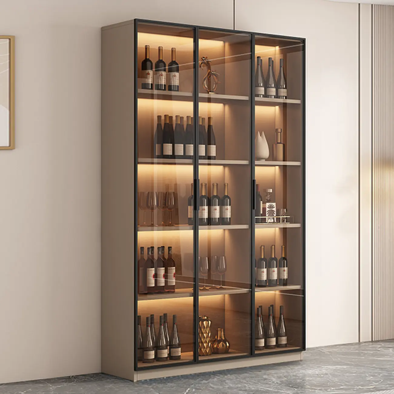 Tall Narrow Black Wood Display Cabinet with Light