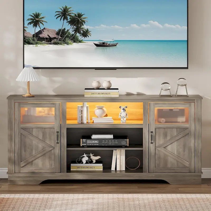 White / Grey / Black Farmhouse TV Stand with LED Lighting & Glass Doors – Fits TVs up to 65 in