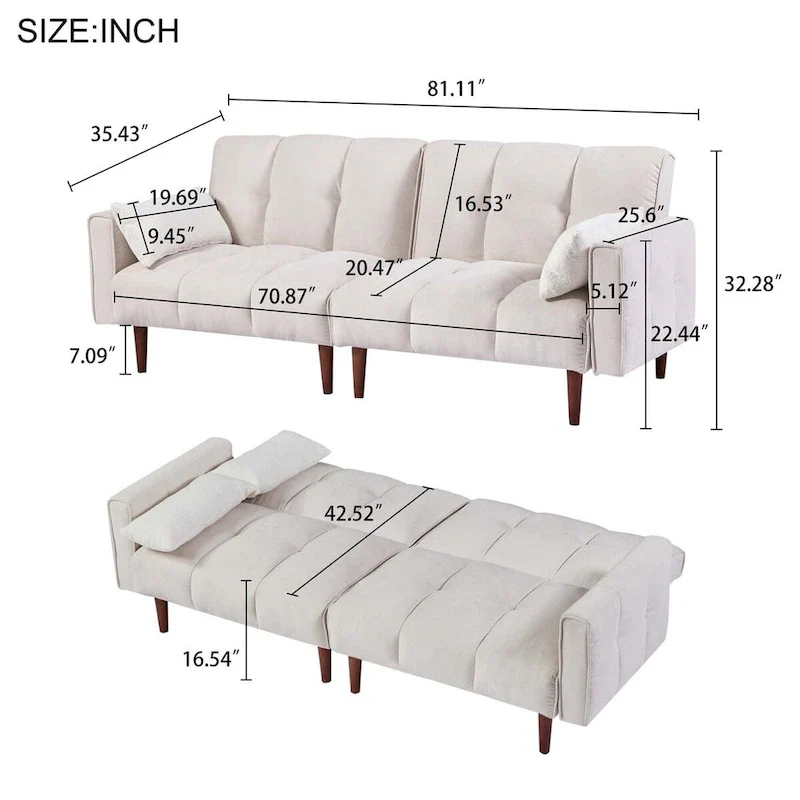 Convertible Futon Sofa Bed, Adjustable Couch Sleeper, Modern Fabric Linen Upholstered Futon Sofa bed with 2 Pillows