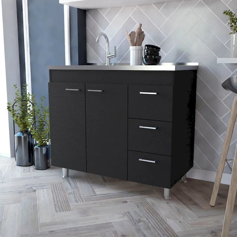 Darien melamine base cabinet, three drawers and stainless steel top. - N/A