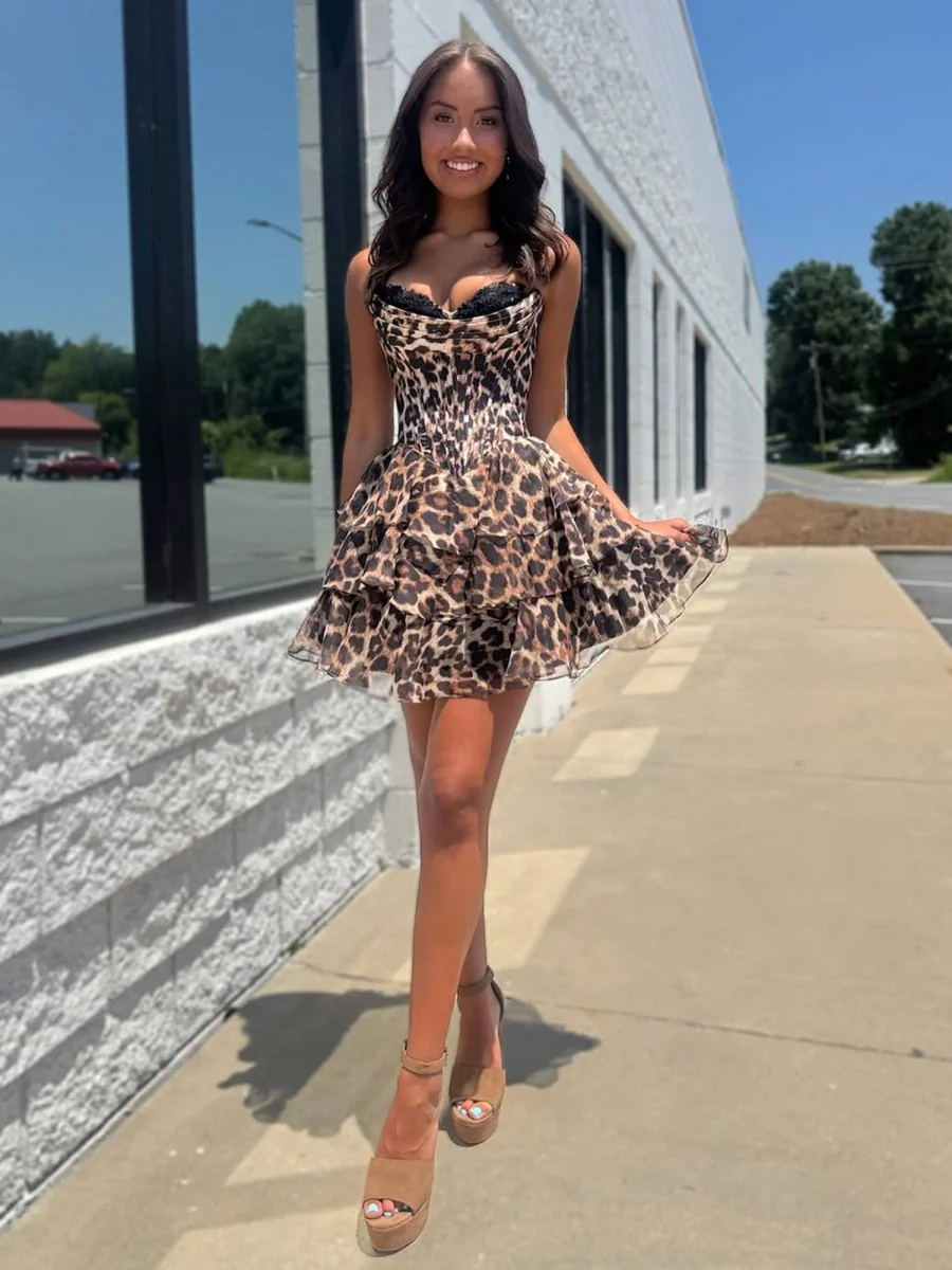 Leopard - Strapless Leopard Print Chiffon A Line Homecoming Dress With Beading