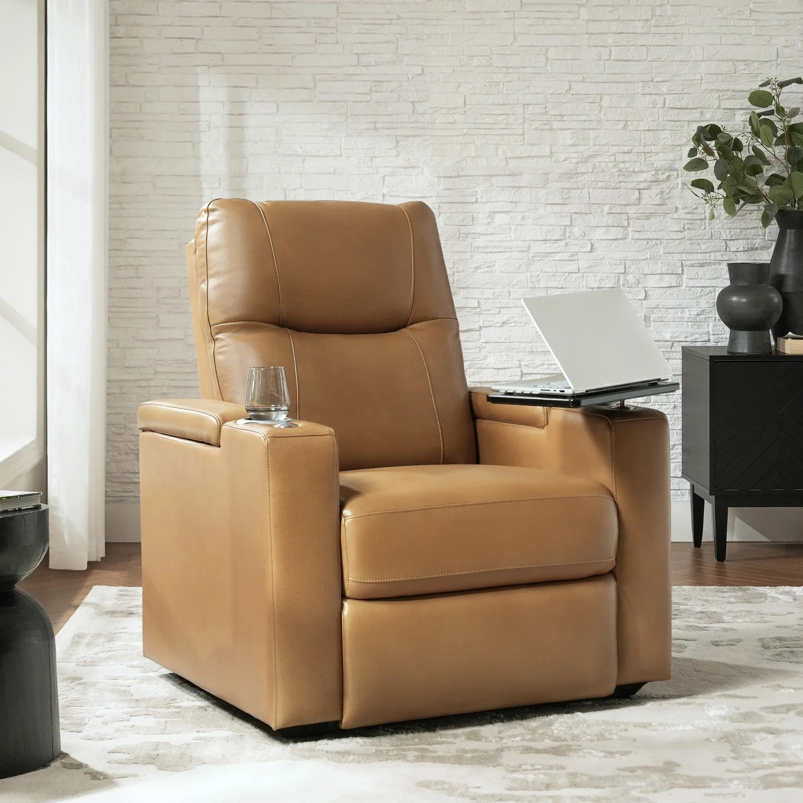 Top-Layer Leather Electric Recliner with Adjustable Headrest, Side Table, Phone Holder, USB Charging & Ambient Lighting | Camel / Black / Saddle | Single Seat