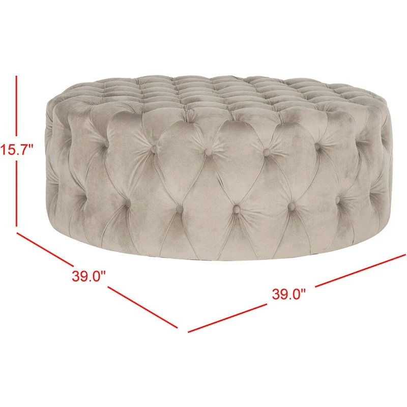 Round Button-Tufted Linen Ottoman – Mushroom / Grey / Antique Gold / Wheat / Bordeaux / Navy / Taupe, Single