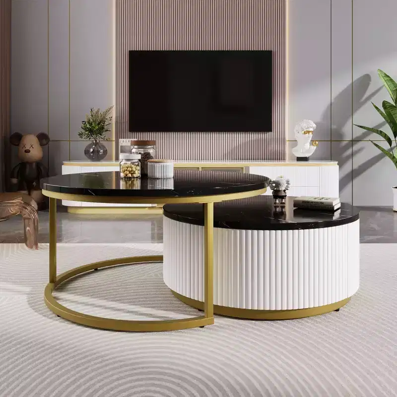 Okak Modern Coffee Table Set of 2 Nesting Tables, Round Side Table Fluted for Living Room, Accent Table with Storage Drawer