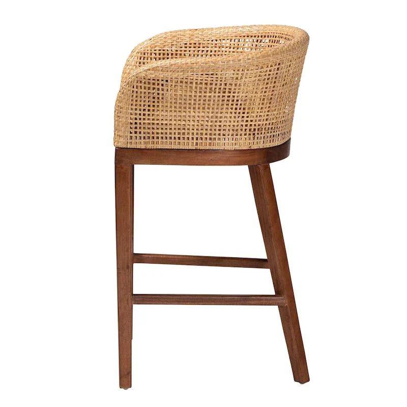 Papua Modern Bohemian Natural Rattan and Acacia Wood Counter Stool