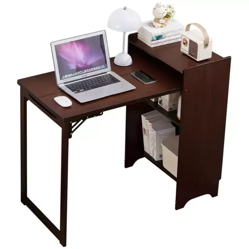 NAYSAYE Bamboo Folding Desk Space Saving Computer Table End Table with Hidden Storage Built In Socket for Home Office Bedroom, Walnut, 39*19*29.5
