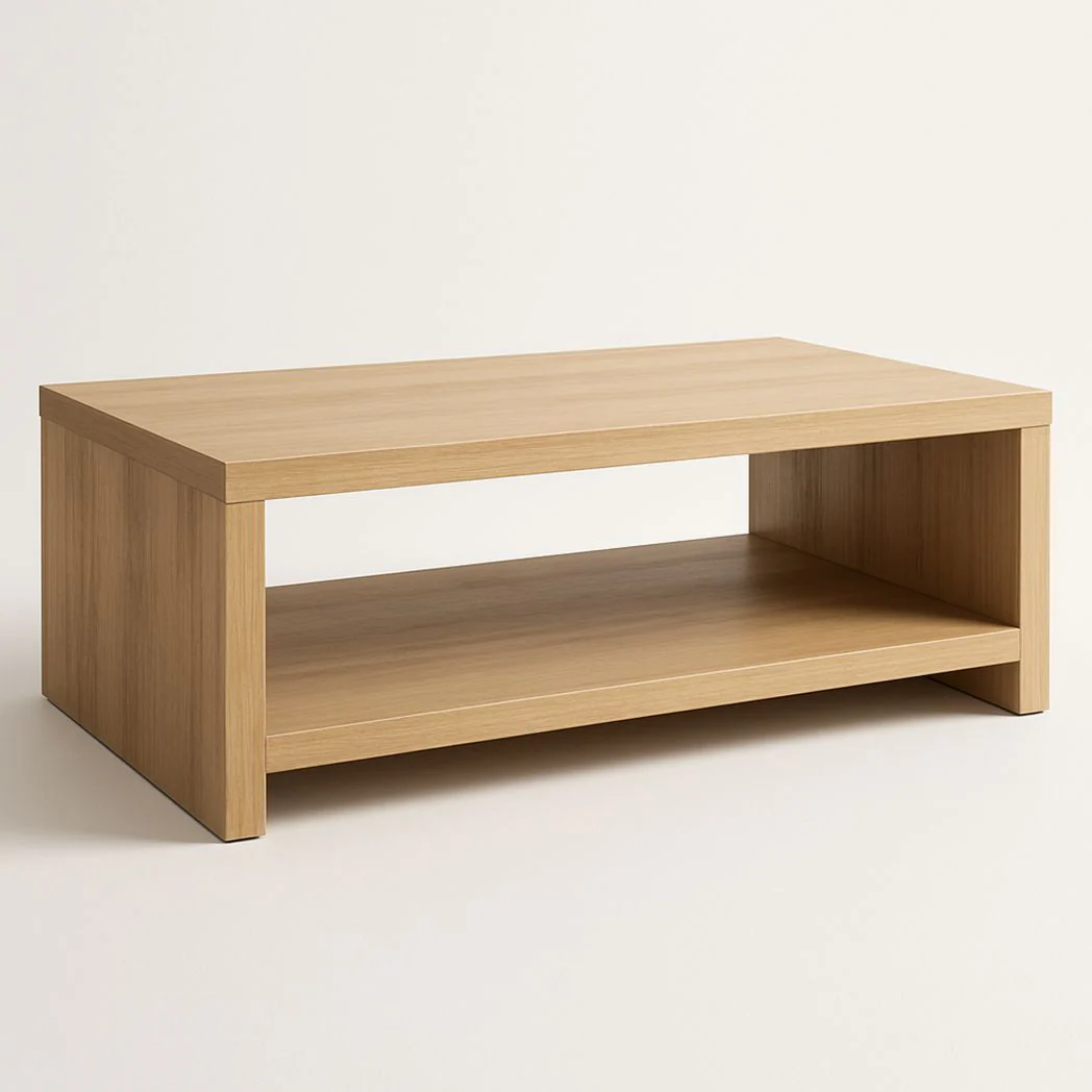 Table basse rectangulaire en bois aggloméré avec étagère de rangement, 110x60x40 cm, couleur chêne clair
