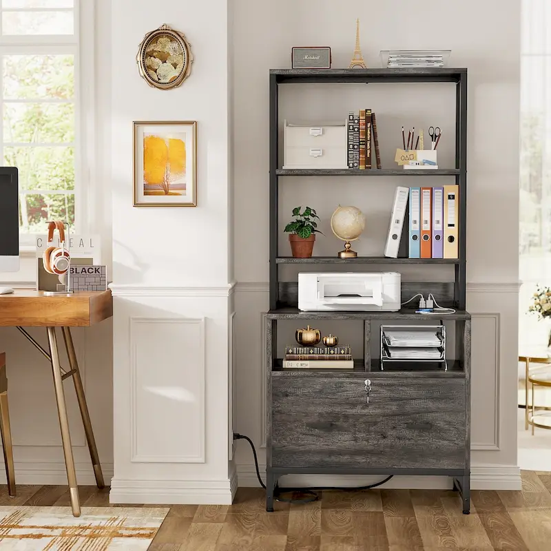 Grey / Black Farmhouse Hutch Sideboard with Locked Drawers & USB Station – 1-Person Home Office