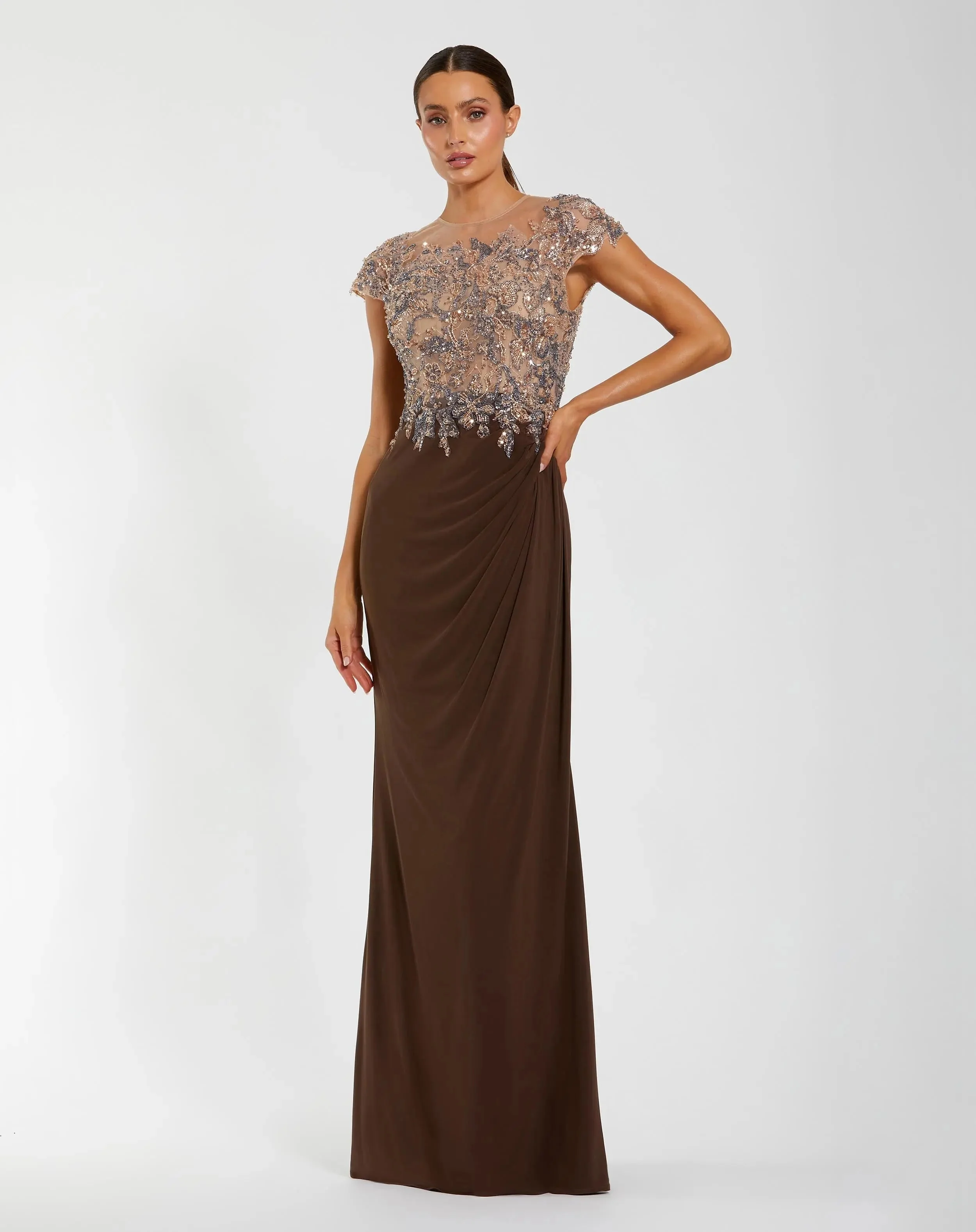 Brown Crystal Applique Embellished Jersey Gown