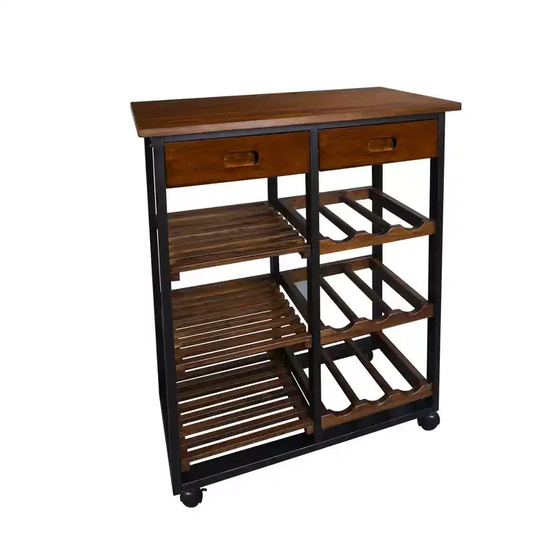 28" Solid Wood Rolling Kitchen Cart with Wine Rack and Drawer Dark Brown - Flora Home: Mobile Island Trolley, 6 Shelves, Locking Wheels