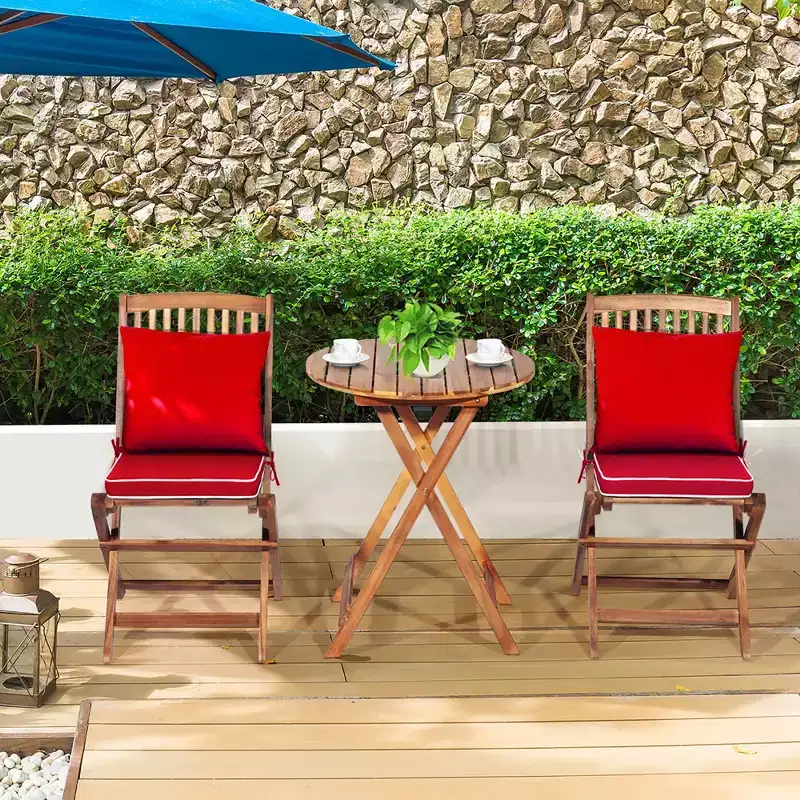 Costway 3PCS Patio Folding Wooden Bistro Set Cushioned Chair Conversation Cushion