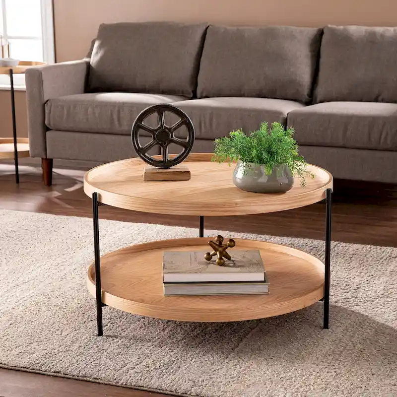 SEI Furniture Vaquero Mid Century Modern Round Wood Grain Two Tier Coffee Table