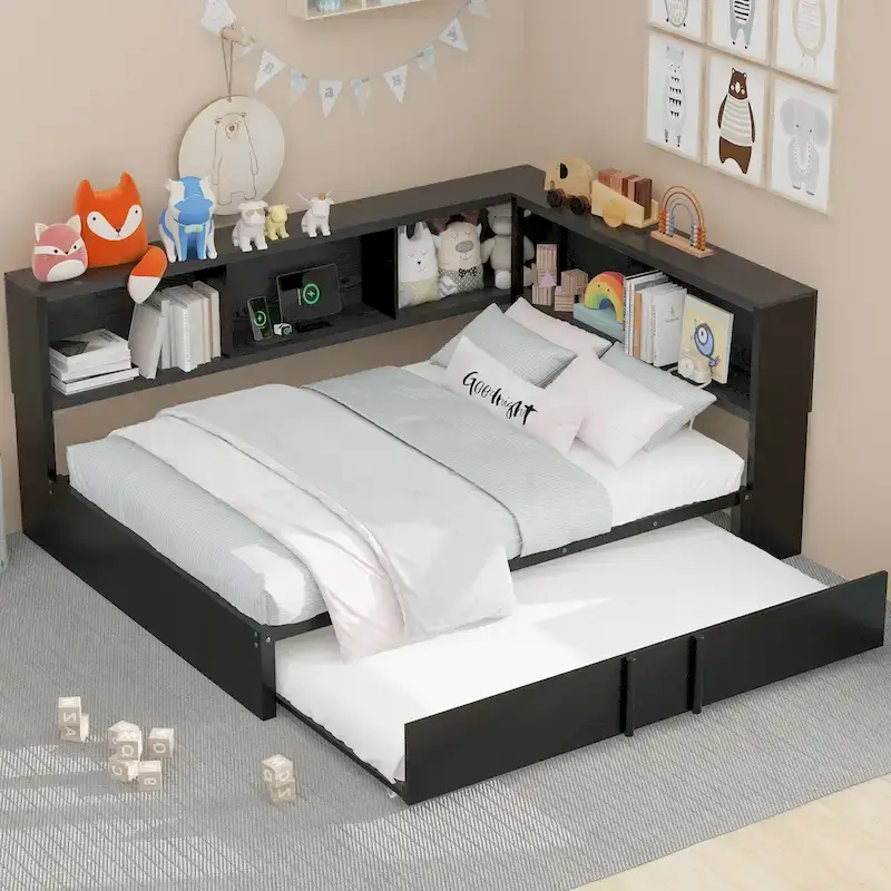 Black Metal Full Daybed with Twin Trundle, Storage Cabinets & USB Charging