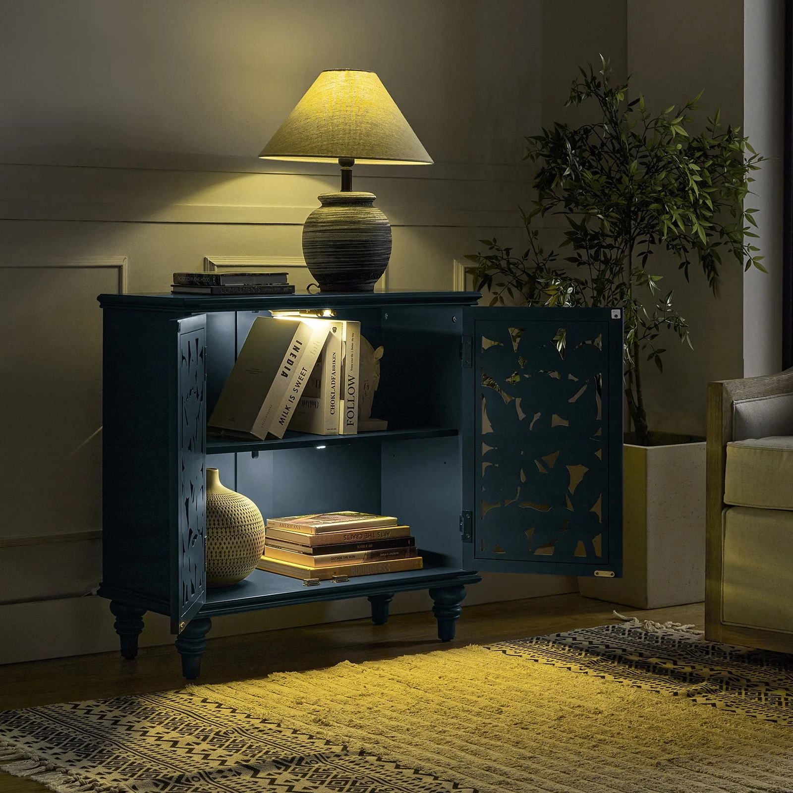 2-Door Accent Cabinet with Hand-Carved Trim, Built-in LED, Push-to-Open Doors & Rubber Wood Legs | Blue | Single