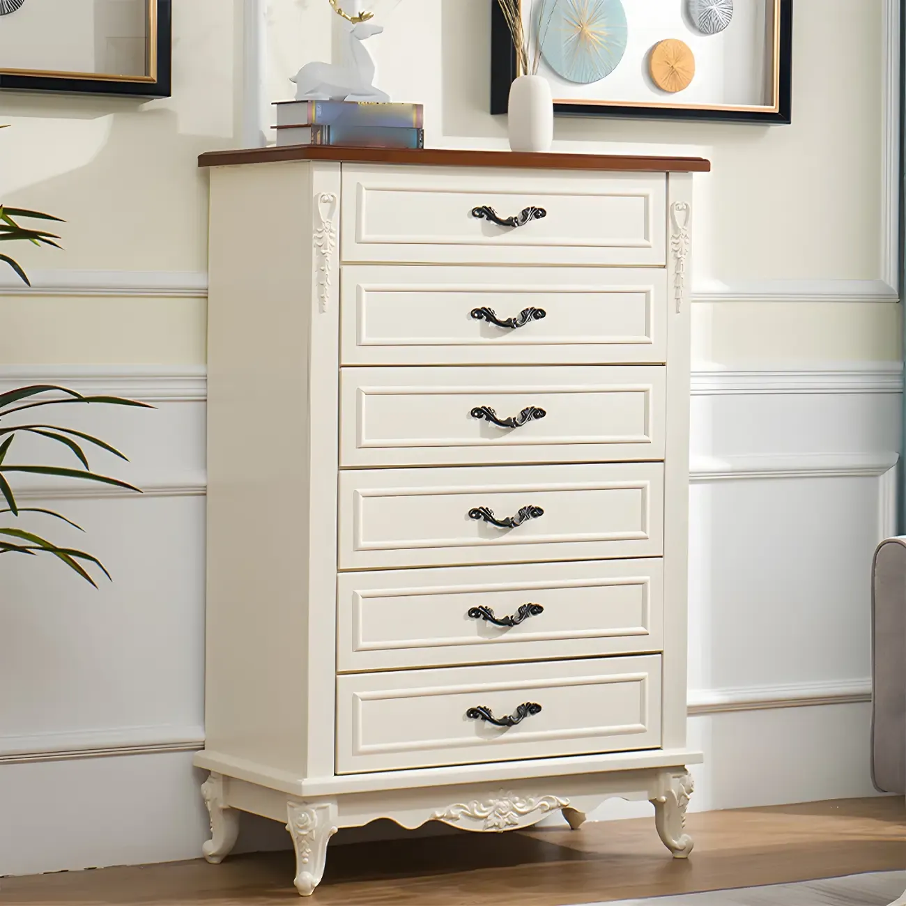 Vintage Wooden Beige Double Dresser with Shelves