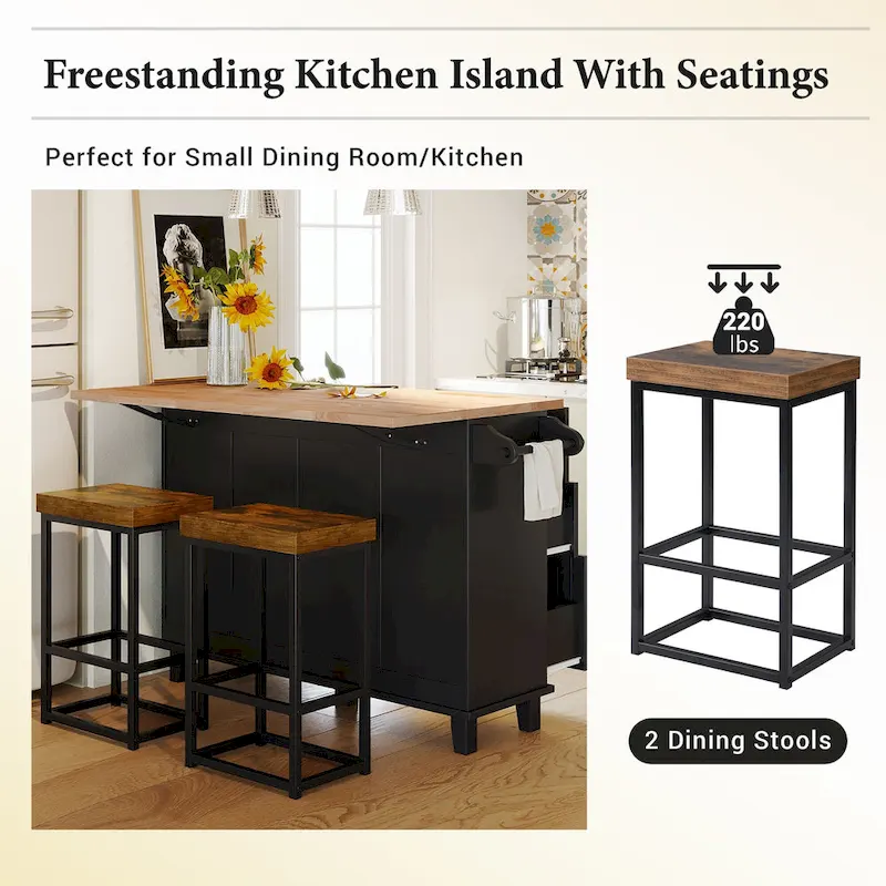 Topmax Farmhouse Kitchen Island Set With Drop Leaf And 2 Seatings