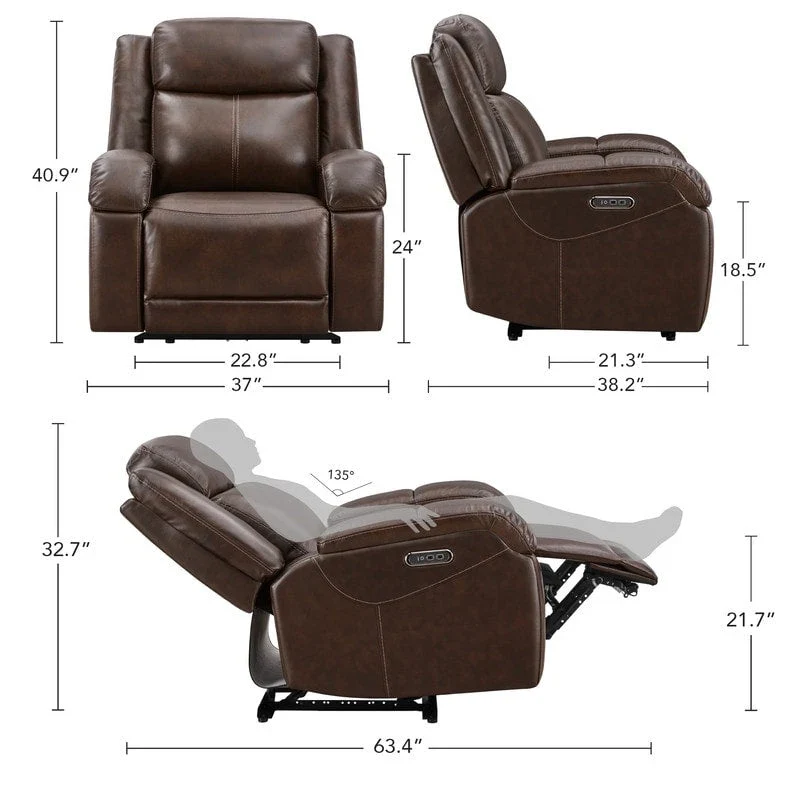 Brown Leather Power Recliner with Headrest - Single Seat