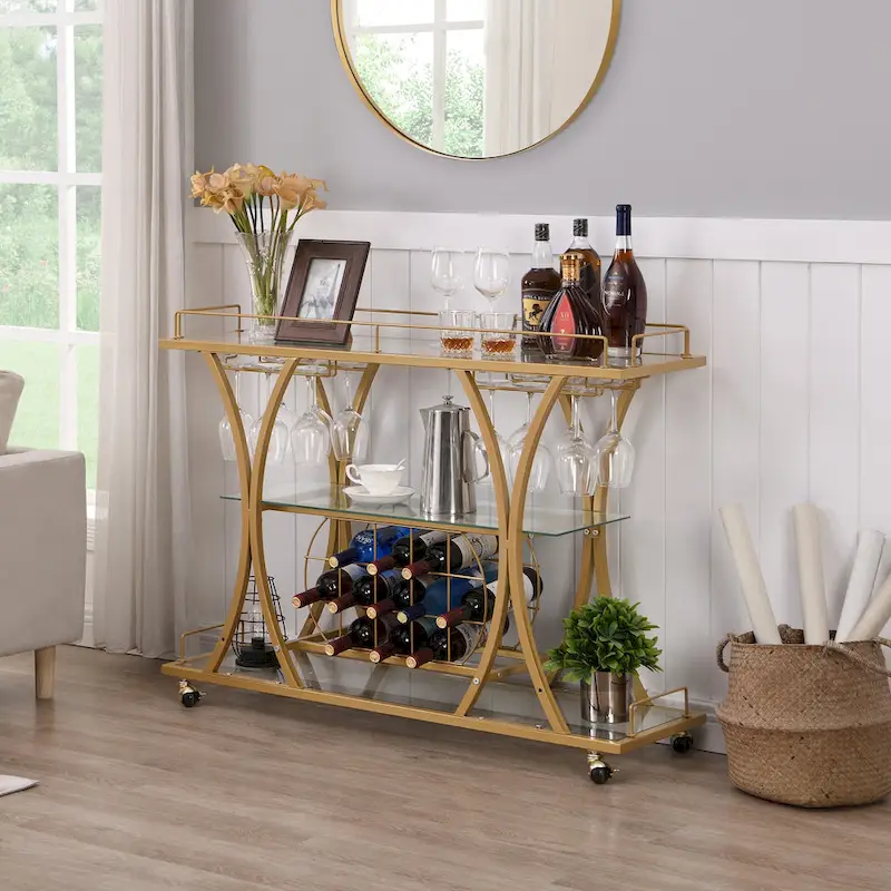 Myhozm 3-tier Serving Metal Bar Cart with Tempered Glass