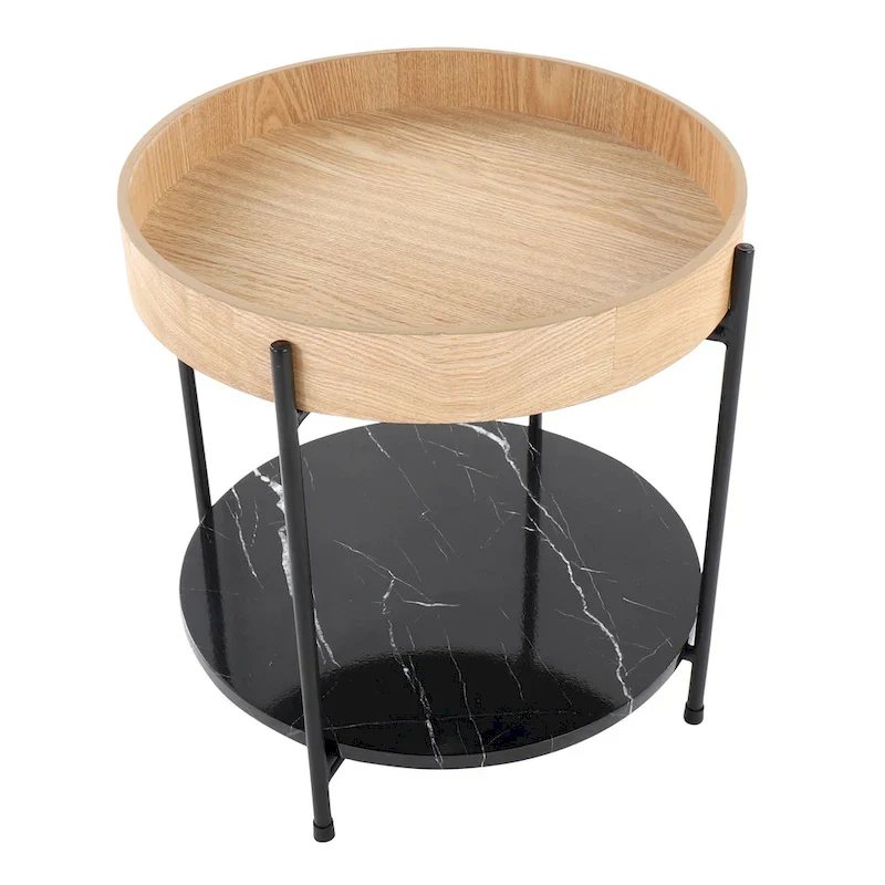 Natural Wood Round End Table with Black Metal Frame and Marble Shelf
