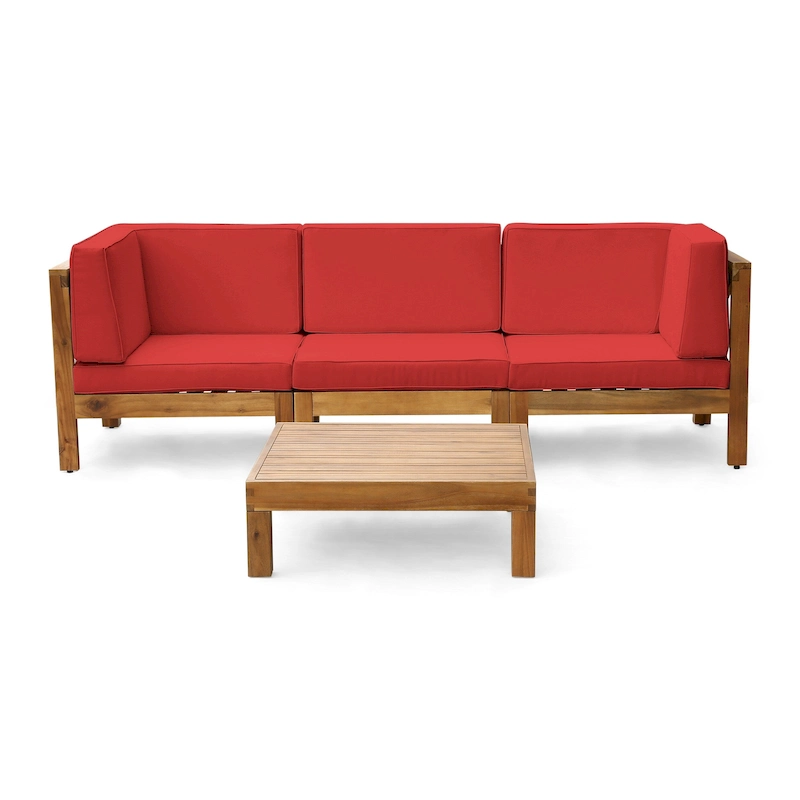 Brava Outdoor 3-Seater Acacia Wood Sectional Sofa Set with Coffee Table and Cushions by Christopher Knight Home