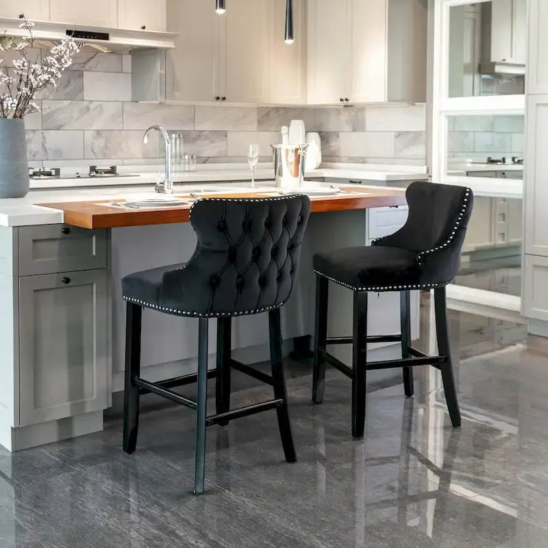 Velvet Wing-Back Barstools with Button Tufting – Set of 2
