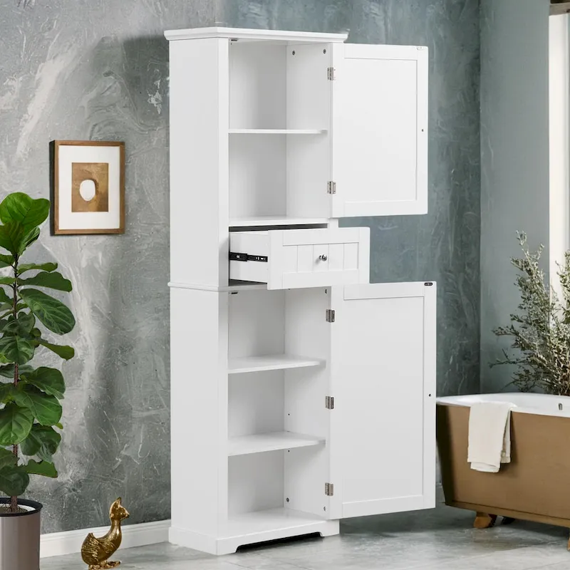 Tall Bathroom Storage Cabinet with Drawer and Adjustable Shelf