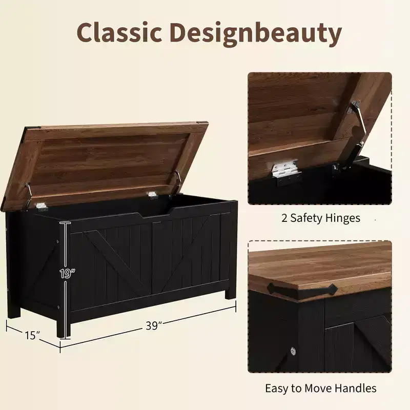 Storage Bench with Farmhouse Design - Storage Chest with 2 Safety Hinges, 15.7 x 39.4 x 18.9 Inches, Ideal for Entryway, Bedroom, and Living Room